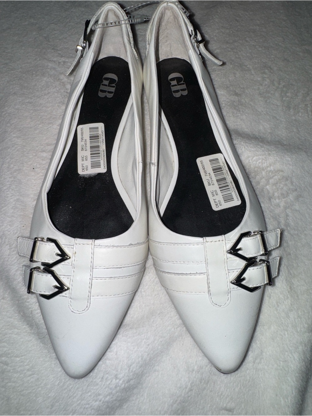 Gianni Bini White Pointed Toe Slingback Flats with Silver Buckles